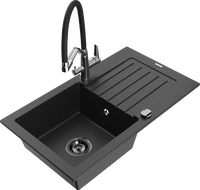 Mexen Pablo Granite Kitchen Sink 1-Bowl with Drainer and Duo Kitchen Faucet, Black/Silver Metallic - 6510-73-671701-07-B