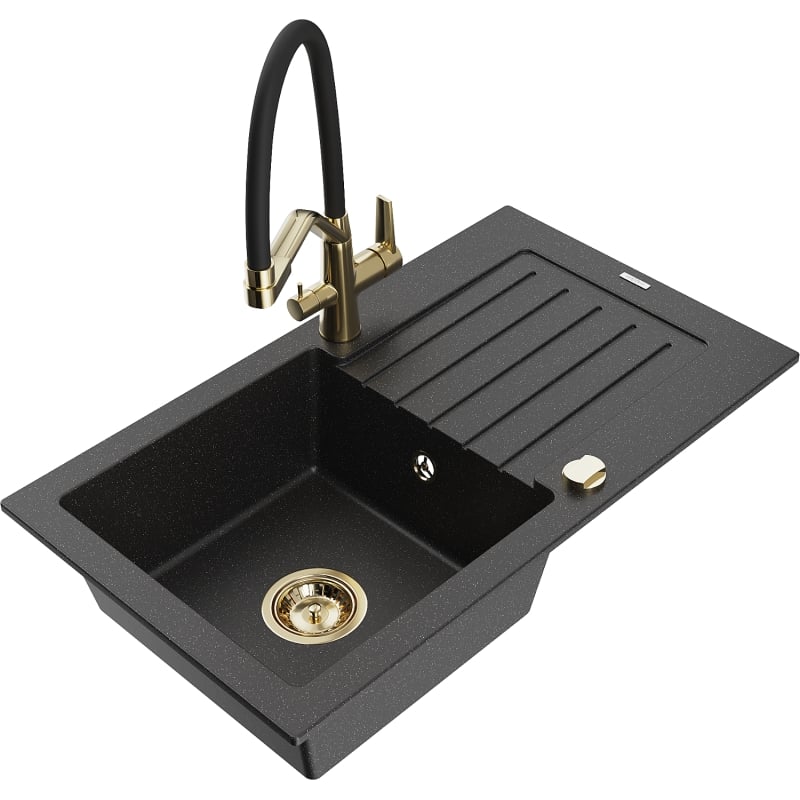 Mexen Pablo granite kitchen sink 1-bowl with drainer and Duo kitchen faucet, black/silver metallic - 6510-73-671701-57-G