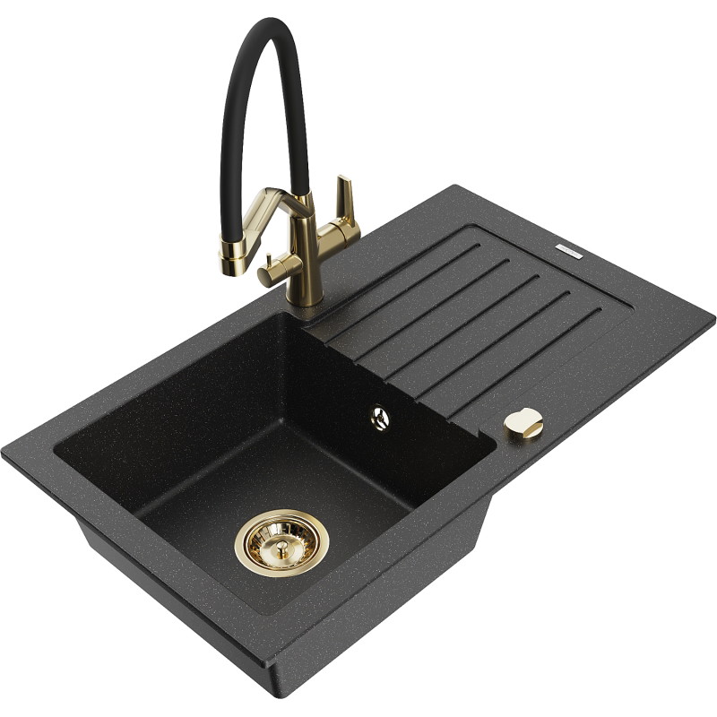 Mexen Pablo one-bowl granite sink with drainer and Duo kitchen faucet, black/silver metallic - 6510-73-671701-57-G