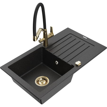 Mexen Pablo granite kitchen sink 1-bowl with drainer and Duo kitchen faucet, black/silver metallic - 6510-73-671701-57-G