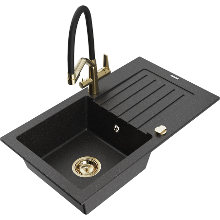 Mexen Pablo one-bowl granite sink with drainer and Duo kitchen faucet, black/silver metallic - 6510-73-671701-57-G
