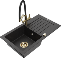 Mexen Pablo granite kitchen sink 1-bowl with drainer and Duo kitchen faucet, black/silver metallic - 6510-73-671701-57-G
