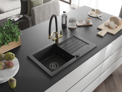 Mexen Pablo granite sink with 1 bowl, drainer, and Duo kitchen tap, black/silver metallic - 6510-73-671701-57-B