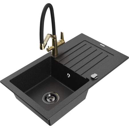 Mexen Pablo granite kitchen sink 1-bowl with drainer and Duo kitchen faucet, black/silver metallic - 6510-73-671701-57-B