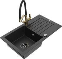 Mexen Pablo granite sink with 1 bowl, drainer, and Duo kitchen tap, black/silver metallic - 6510-73-671701-57-B