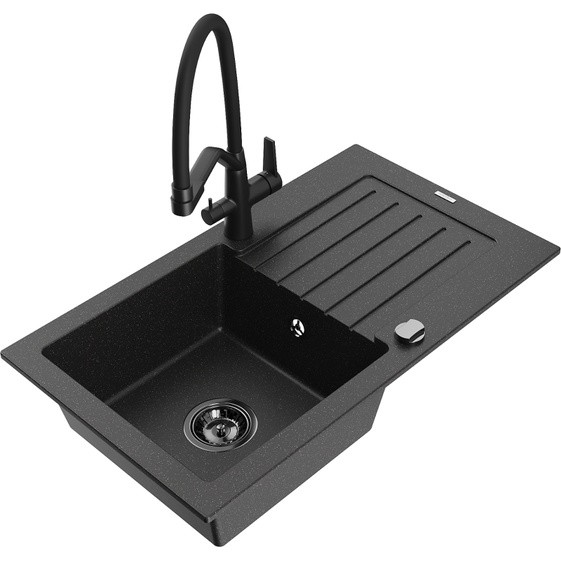 Mexen Pablo granite sink 1-bowl with drainer and Duo kitchen tap, black/silver metallic - 6510-73-671701-70-B