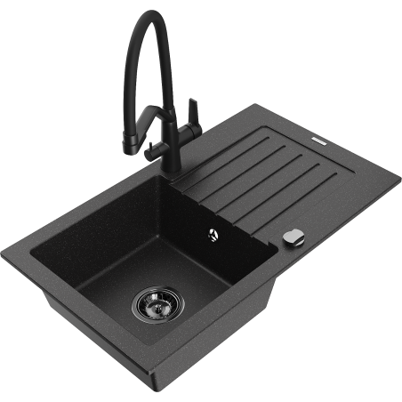 Mexen Pablo 1-compartment granite sink with a drip tray and kitchen mixer tap Duo, Black/ silver metallic - 6510-73-671701-70-B