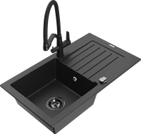 Mexen Pablo 1-bowl Granite Sink with Drainer and Kitchen Faucet Duo, Black/Silver Metallic - 6510-73-671701-70-B