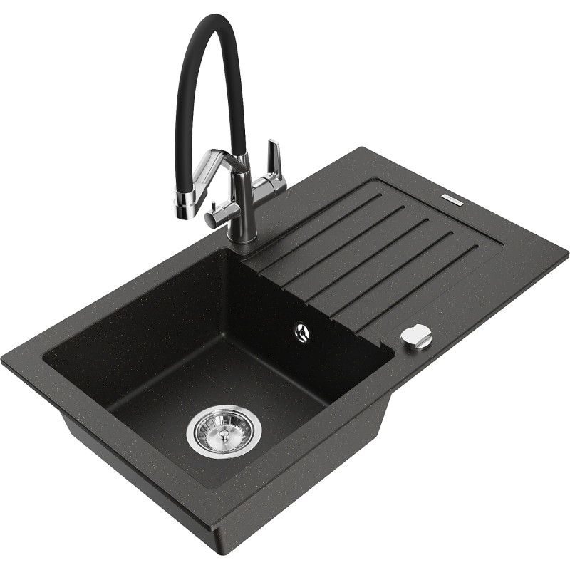Mexen Pablo granite sink 1-bowl with drainer and kitchen faucet Duo, black/gold metallic - 6510-75-671701-07