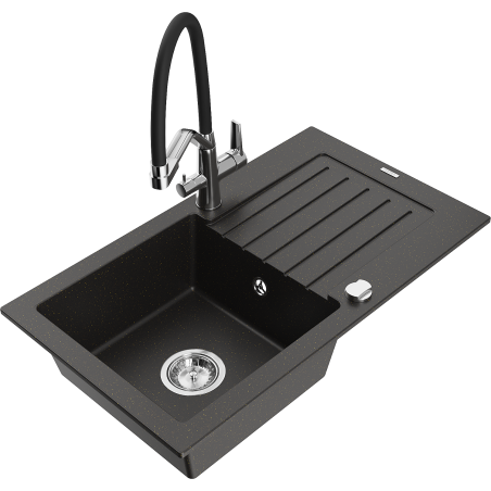 Mexen Pablo 1-bowl granite sink with drainer and Duo kitchen faucet, black/gold metallic - 6510-75-671701-07