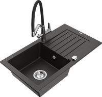 Mexen Pablo granite sink 1-bowl with drainer and kitchen faucet Duo, black/gold metallic - 6510-75-671701-07