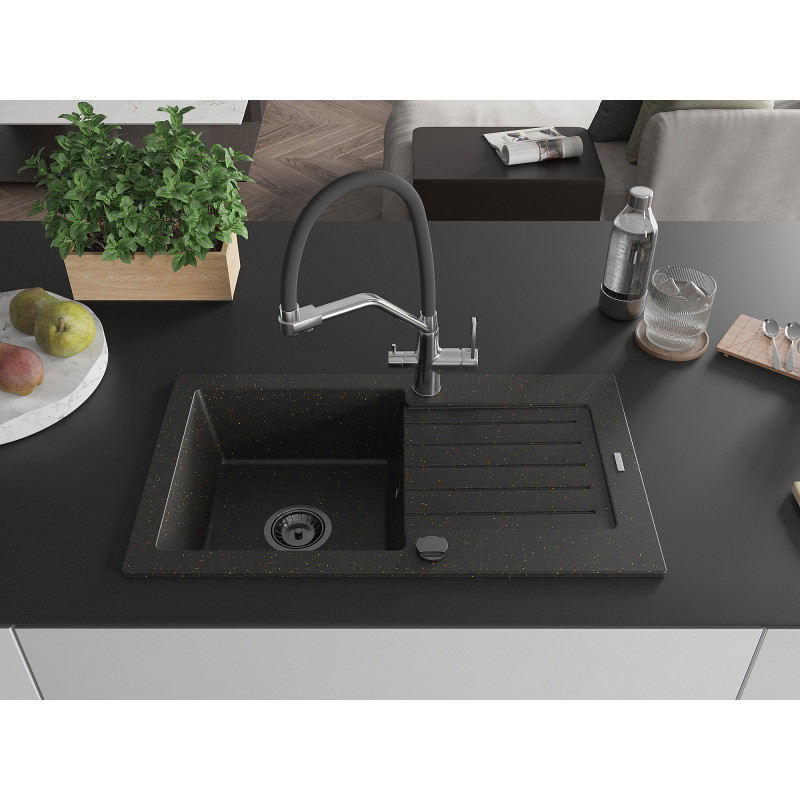 Mexen Pablo granite kitchen sink 1-bowl with drainer and Duo kitchen faucet, black/gold metallic - 6510-75-671701-07-B
