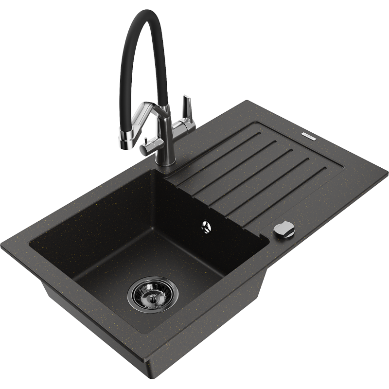Mexen Pablo 1-compartment granite sink with a drip tray and kitchen mixer tap Duo, Black/ gold metallic - 6510-75-671701-07-B
