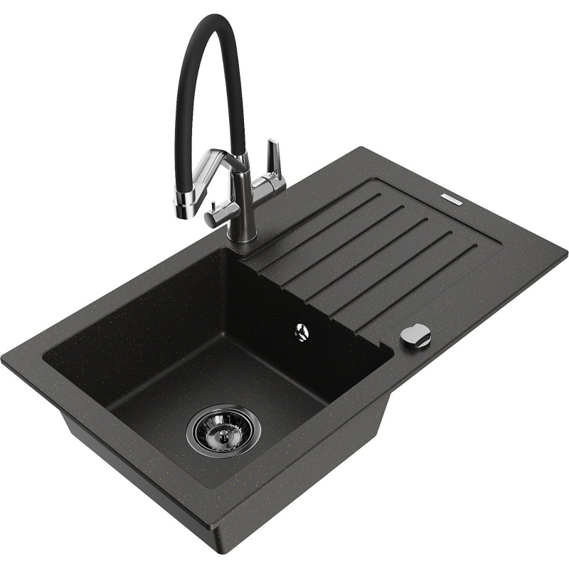 Mexen Pablo granite kitchen sink 1-bowl with drainer and Duo kitchen faucet, black/gold metallic - 6510-75-671701-07-B