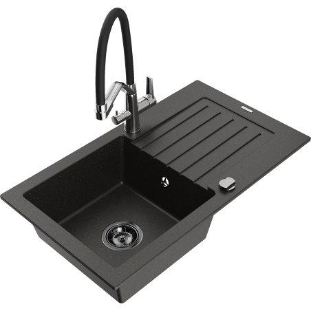 Mexen Pablo granite kitchen sink 1-bowl with drainer and Duo kitchen faucet, black/gold metallic - 6510-75-671701-07-B