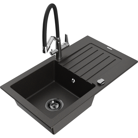 Mexen Pablo granite sink 1-bowl with drainer and Duo kitchen tap, black/gold metallic - 6510-75-671701-07-B