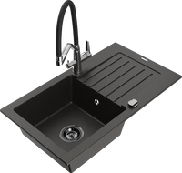 Mexen Pablo granite kitchen sink 1-bowl with drainer and Duo kitchen faucet, black/gold metallic - 6510-75-671701-07-B