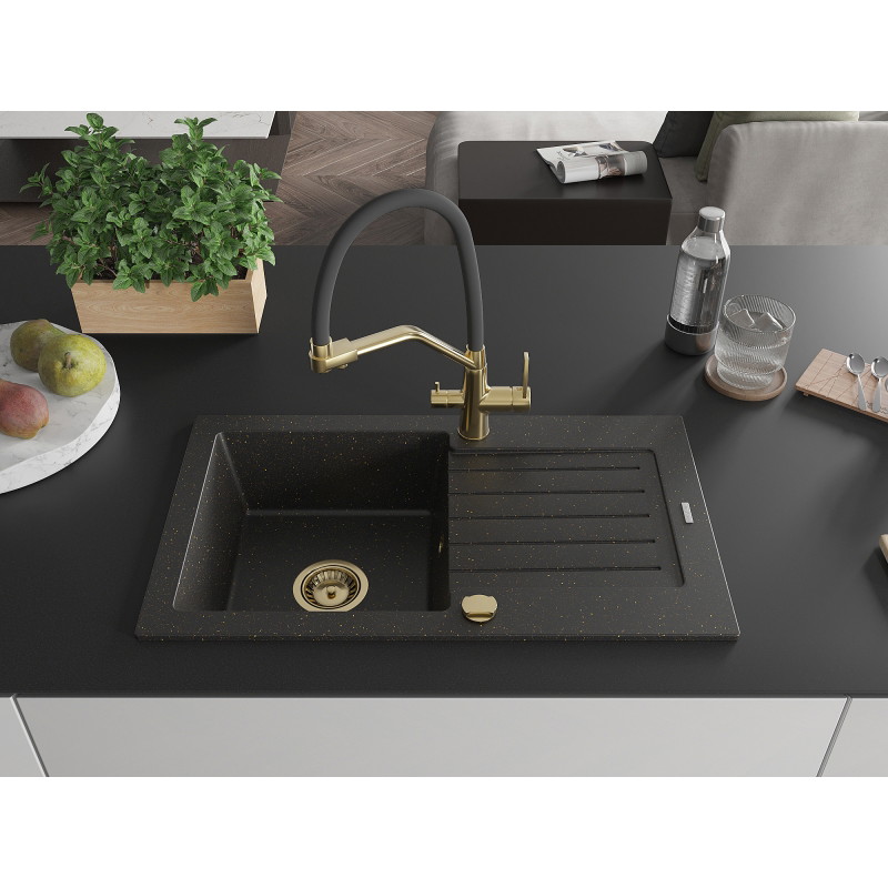 Mexen Pablo 1-bowl granite sink with drainer and Duo kitchen faucet, black/gold metallic - 6510-75-671701-57-G