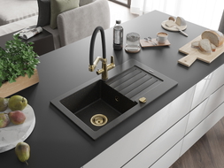 Mexen Pablo granite sink 1-bowl with drainer and Duo kitchen faucet, black/gold metallic - 6510-75-671701-57-G