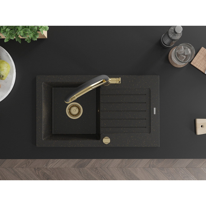 Mexen Pablo granite sink 1-bowl with drainer and Duo kitchen faucet, black/gold metallic - 6510-75-671701-57-G