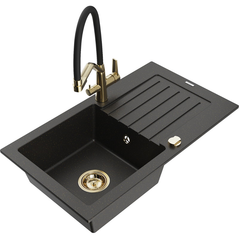 Mexen Pablo 1-bowl granite sink with drainer and Duo kitchen faucet, black/gold metallic - 6510-75-671701-57-G