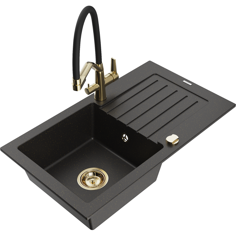 Mexen Pablo 1-compartment granite sink with a drip tray and kitchen mixer tap Duo, Black/ gold metallic - 6510-75-671701-57-G