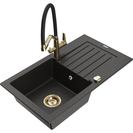 Mexen Pablo 1-bowl granite sink with drainer and Duo kitchen faucet, black/gold metallic - 6510-75-671701-57-G