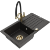 Mexen Pablo 1-bowl granite sink with drainer and Duo kitchen faucet, black/gold metallic - 6510-75-671701-57-G