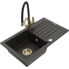 Mexen Pablo granite sink 1-bowl with drainer and Duo kitchen faucet, black/gold metallic - 6510-75-671701-57-G