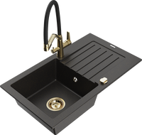 Mexen Pablo granite sink 1-bowl with drainer and Duo kitchen faucet, black/gold metallic - 6510-75-671701-57-G