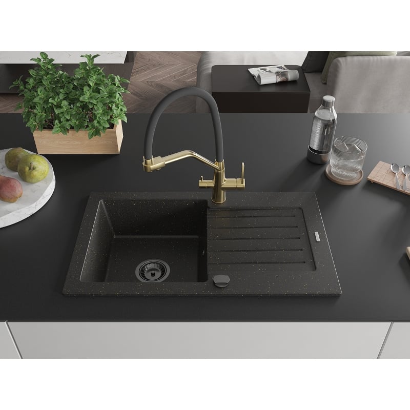 Mexen Pablo 1-Bowl Granite Sink with Drainer and Duo Kitchen Faucet, Black/Gold Metallic - 6510-75-671701-57-B