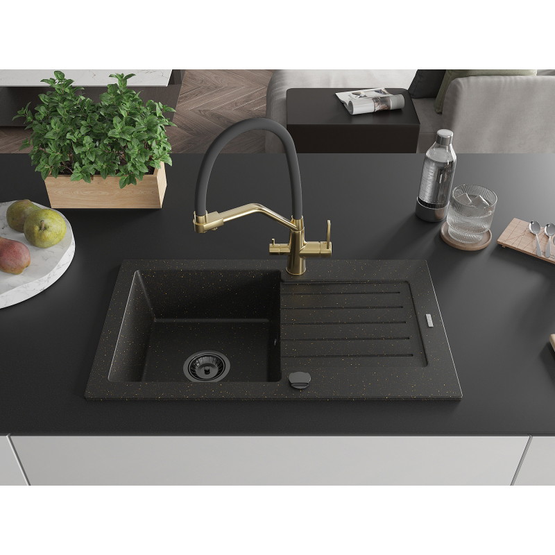 Mexen Pablo granite kitchen sink 1-bowl with drainer and kitchen faucet Duo, black/gold metallic - 6510-75-671701-57-B