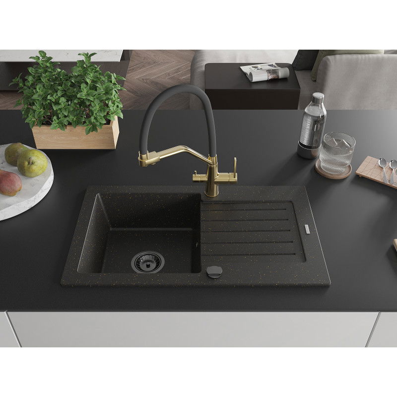 Mexen Pablo Granite Sink 1-Bowl with Drainer and Duo Kitchen Tap, Black/Gold Metallic - 6510-75-671701-57-B