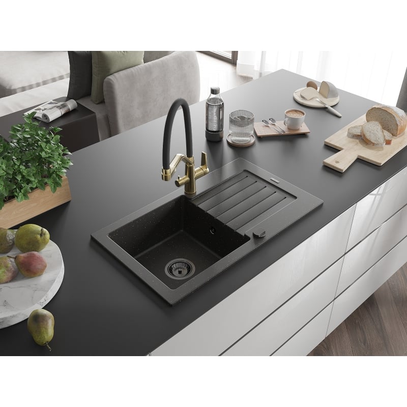 Mexen Pablo 1-Bowl Granite Sink with Drainer and Duo Kitchen Faucet, Black/Gold Metallic - 6510-75-671701-57-B