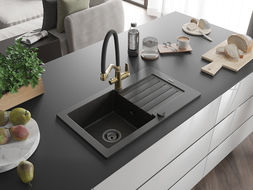 Mexen Pablo 1-compartment granite sink with a drip tray and kitchen mixer tap Duo, Black/ gold metallic - 6510-75-671701-57-B