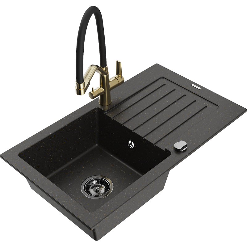 Mexen Pablo 1-compartment granite sink with a drip tray and kitchen mixer tap Duo, Black/ gold metallic - 6510-75-671701-57-B