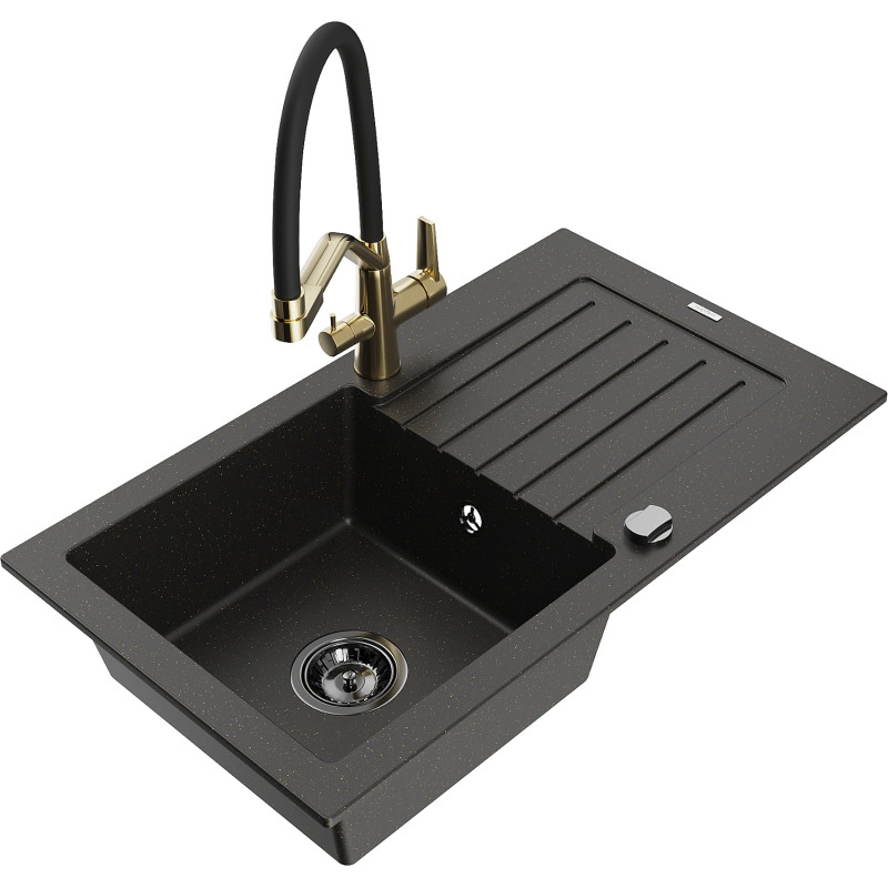 Mexen Pablo granite kitchen sink 1-bowl with drainer and kitchen faucet Duo, black/gold metallic - 6510-75-671701-57-B