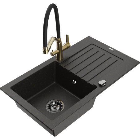 Mexen Pablo granite kitchen sink 1-bowl with drainer and kitchen faucet Duo, black/gold metallic - 6510-75-671701-57-B
