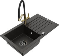 Mexen Pablo 1-compartment granite sink with a drip tray and kitchen mixer tap Duo, Black/ gold metallic - 6510-75-671701-57-B
