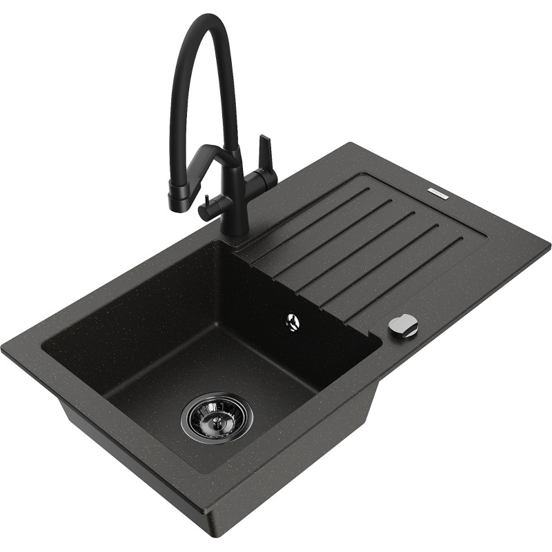 Mexen Pablo granite kitchen sink 1-bowl with drainer and Duo kitchen faucet, black/gold metallic - 6510-75-671701-70-B