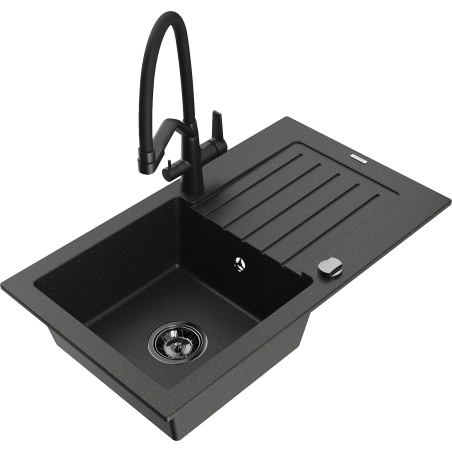 Mexen Pablo granite kitchen sink 1-bowl with drainer and Duo kitchen faucet, black/gold metallic - 6510-75-671701-70-B