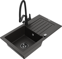 Mexen Pablo granite kitchen sink 1-bowl with drainer and Duo kitchen faucet, black/gold metallic - 6510-75-671701-70-B