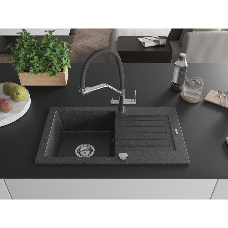 Mexen Pablo single-bowl granite sink with drainer and Duo kitchen tap, speckled black - 6510-76-671701-07