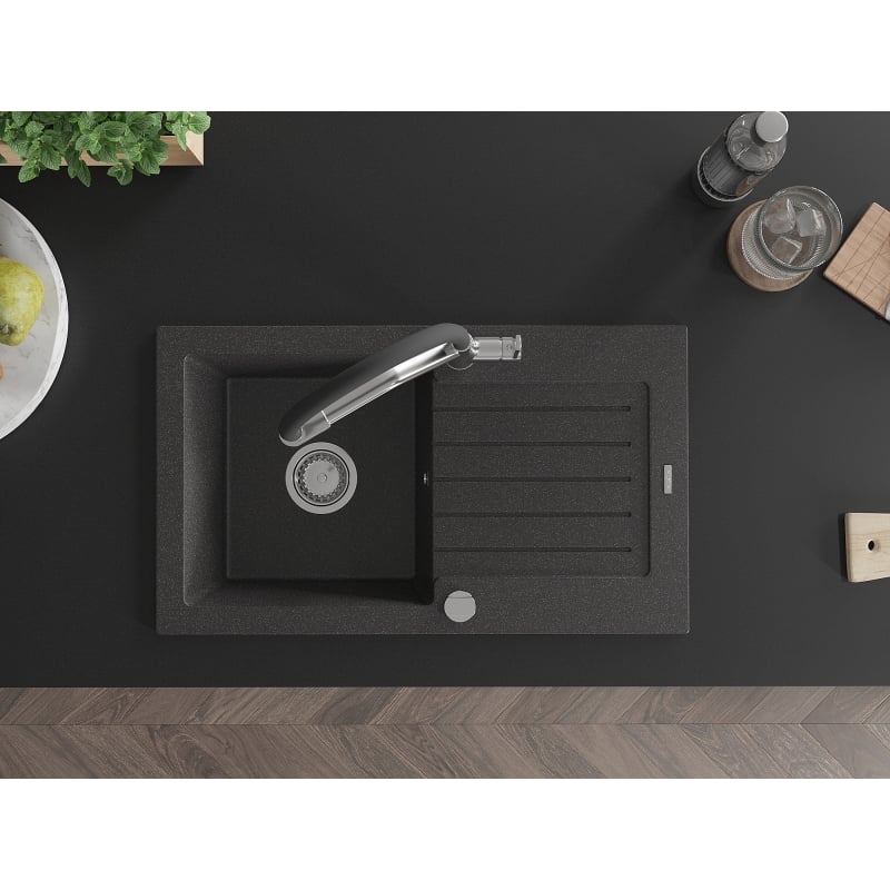 Mexen Pablo granite sink 1-bowl with drainer and Duo kitchen faucet, black speckled - 6510-76-671701-07