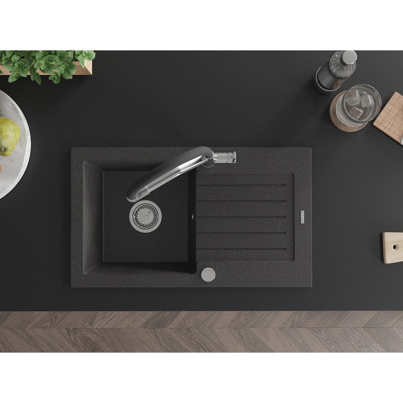 Mexen Pablo single-bowl granite sink with drainer and Duo kitchen tap, speckled black - 6510-76-671701-07