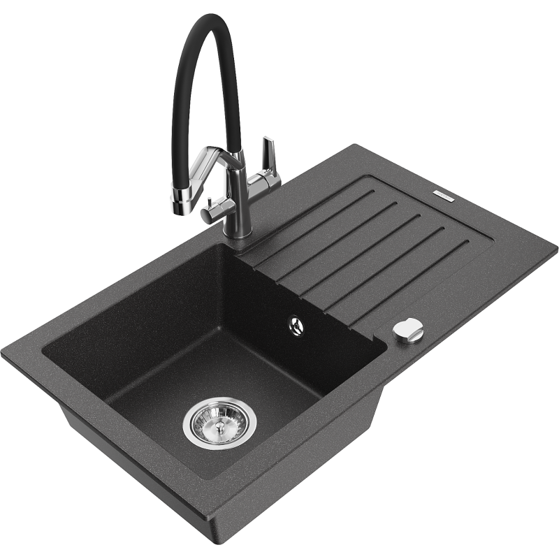 Mexen Pablo single-bowl granite sink with drainer and Duo kitchen tap, speckled black - 6510-76-671701-07