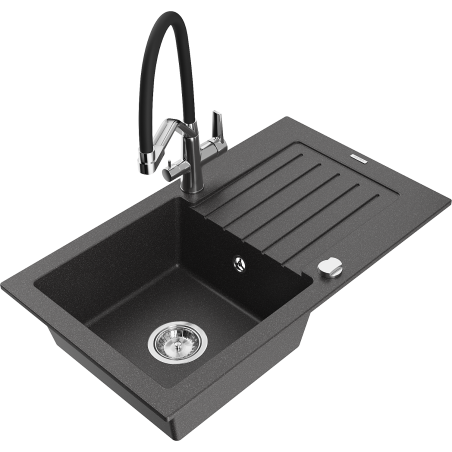 Mexen Pablo granite kitchen sink 1-bowl with drainer and Duo kitchen faucet, black mottled - 6510-76-671701-07