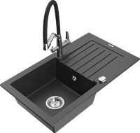 Mexen Pablo granite kitchen sink 1-bowl with drainer and Duo kitchen faucet, black mottled - 6510-76-671701-07