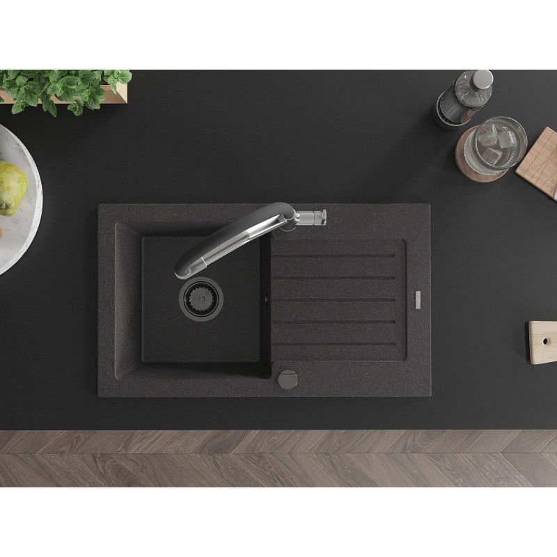 Mexen Pablo 1-basin granite sink with drainer and Duo kitchen tap, speckled black - 6510-76-671701-07-B