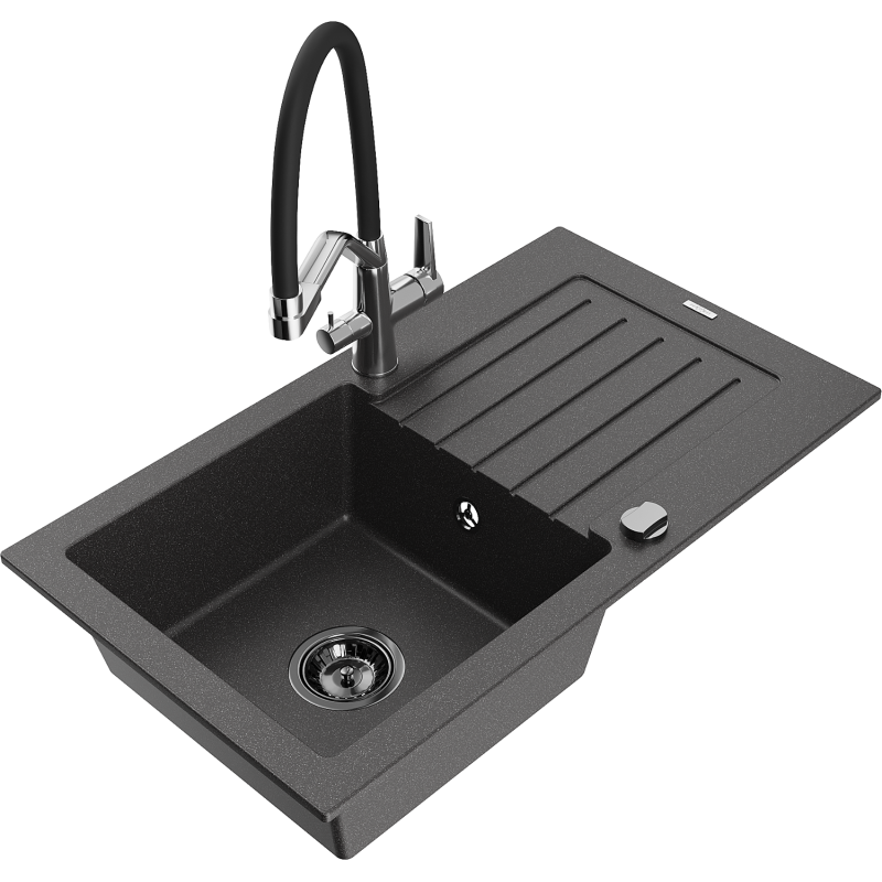 Mexen Pablo 1-compartment granite sink with a drip tray and kitchen mixer tap Duo, Spotted black - 6510-76-671701-07-B